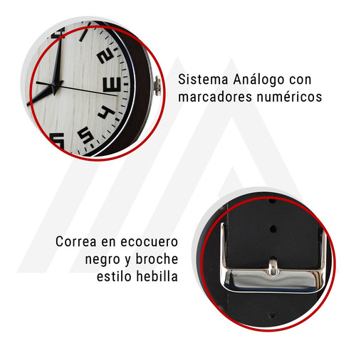 Imagen 5 de 10 de Reloj Madera Correa Cuero Negro Marcadores Numéricos