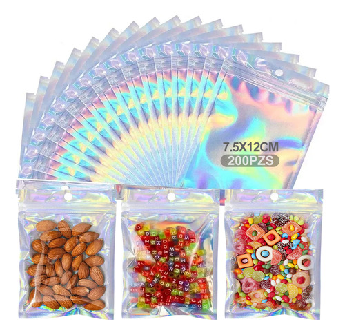 200 Bolsas Pouch Holográficas A Prueba De Olores Con Cierre Plata 200 Piezas 7.5x12cm