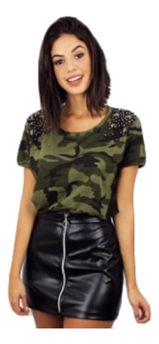 Blusinha T-shirts Feminina Camuflada Militar Com Pedraria