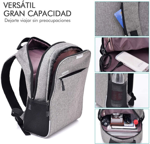 Imagen 4 de 8 de Mochila Gris Impermeable Y Antirrobo Con Conector Usb