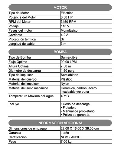 Bomba Sumergible Para Cisterna 1/2 Hp 110v Sla1.5me050 Evans