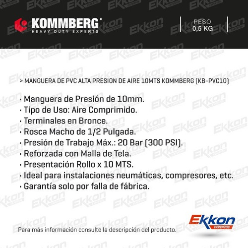 Manguera Pvc Alta Presion Ekkon 10 Mts X 10mm Enc 1/2