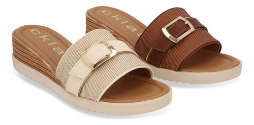 Dúo 658 Sandalia Casual Mujer Miel Y Beige Con Hebilla