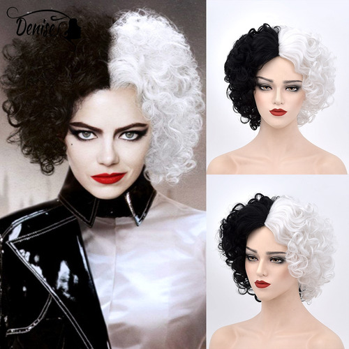 Peluca Cruella Devil Blanco Con Negro Alta Calidad Cosplay