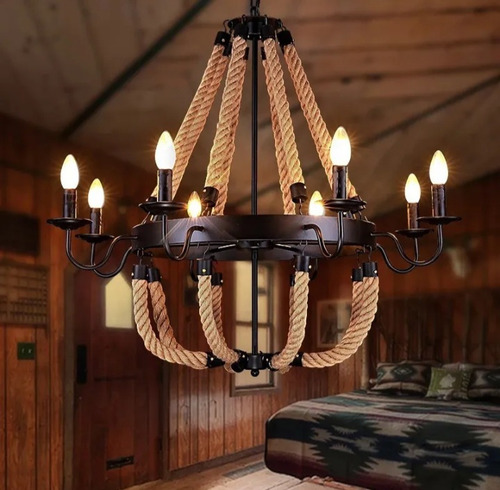 Lustre Pendente Corda Design Rústico 8 Lâmpadas E14 Estrutura Preto 127/220V