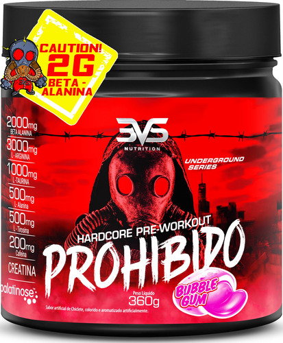 Pré Treino Prohibido Com Creatina, Beta Alanina, Taurina, L-tirosina, L-alanina, Cafeína, Arginina E Palatinose - Extra Forte E Concentrado 360g - Sabor: Chiclete