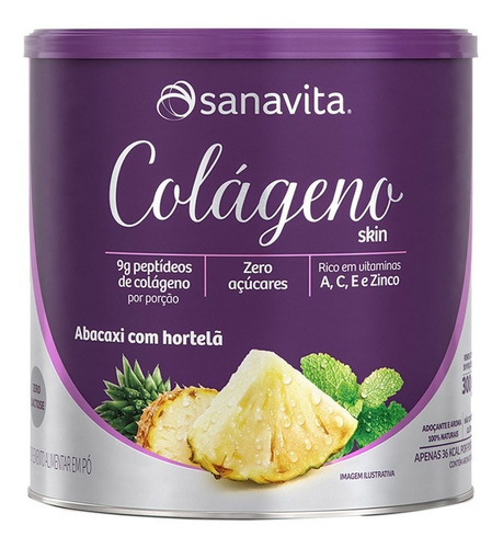 Colágeno Hidrolisado Em Pó 300g Abacaxi Com Hortelã Sanavita