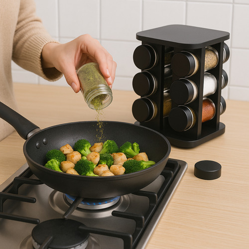 Porta Tempero Giratório E Condimentos 12 Potes Vidro Cozinha Preto