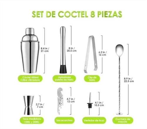 Imagen 2 de 8 de Juego De Coctelera Inoxidable Profesional Para Bar 8 Piezas