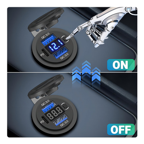 Puerto USB dual de carga rápida 3.0 de 12-24 V y enchufe de cargador de coche Pd USB C con voltímetro