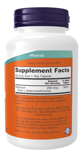 Supplement Now Foods, Selenio, 200 Mcg, Cápsulas En Forma De