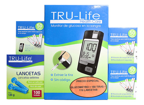 Oferta Glucometro Tru-life + 160tiras + 110 Lancetas