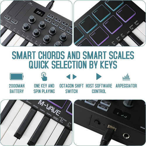 Controlador De Teclado Usb Midi M-vave De 25 Teclas Com 8 De