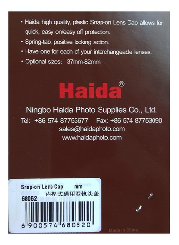 Tapa Para Lentes Haida Originales Hd1051 58 Mm - Para Todo Lente Con Rosca Frontal De 58 Mm