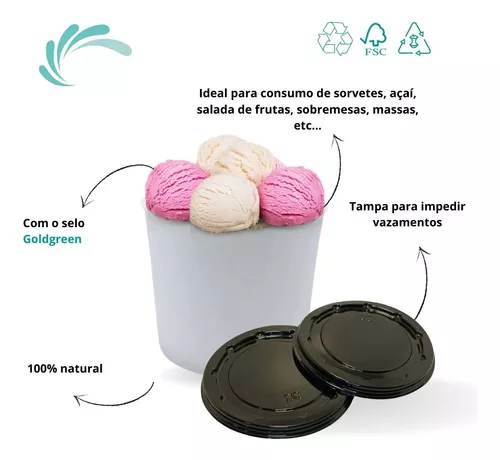 Potes De Papel Bio Açaí Sorvete 360ml C/ Tampa 100 Unidades