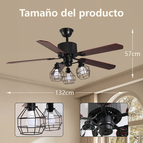 Ventilador Techo 52 Pulgadas Aspas Reversible Control Remoto 1.32 M 60hz Negro Marrón Madera 5