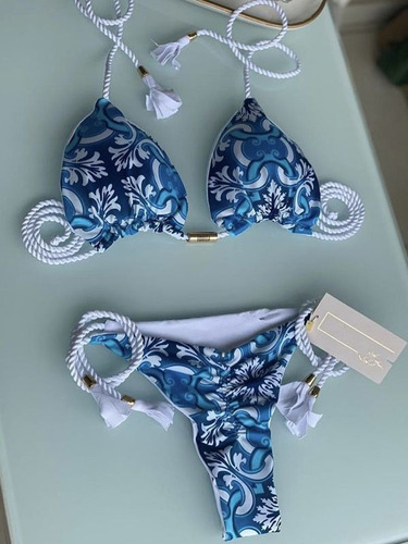Conjunto De Bikini Tanga Traje De Baño De Color Azul Mujer T