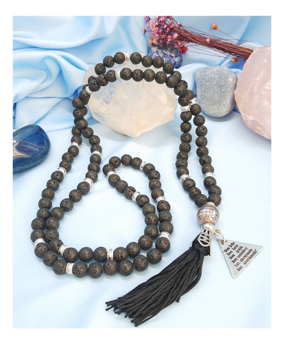 Japamala 108 Contas Pedra Natural Lava Vulcânica Meditação Cor Preto