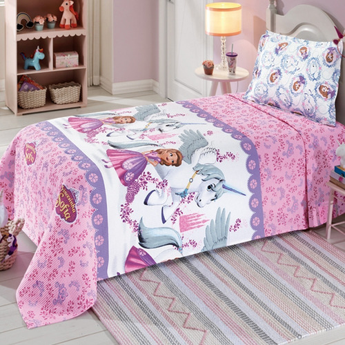 Colcha Solteiro Piquet Princesa Sofia Unicórnio + Porta Travesseiro Dohler Licenciado 100% Algodão Toque Encorpado + Nfe