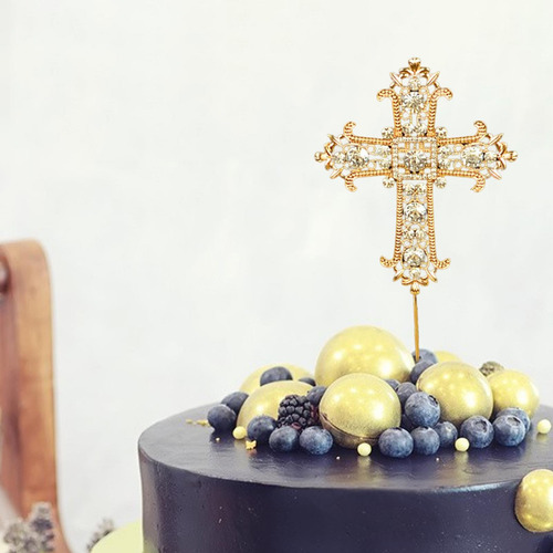 Religiosa Bautismo Cruz Cake Topper Diamond Glittery Oro
