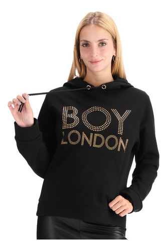 Sudadera Negra Mujer Letras En Pedreria Oro Boy London