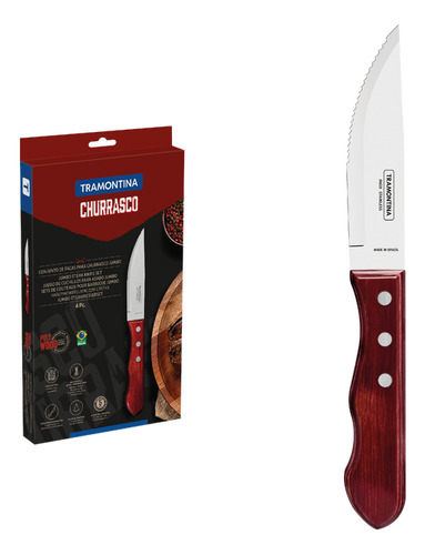 Juego de Cuchillos para Asado Jumbo Tramontina de Acero Inoxidable y Mango Rojo Polywood, 4 piezas.