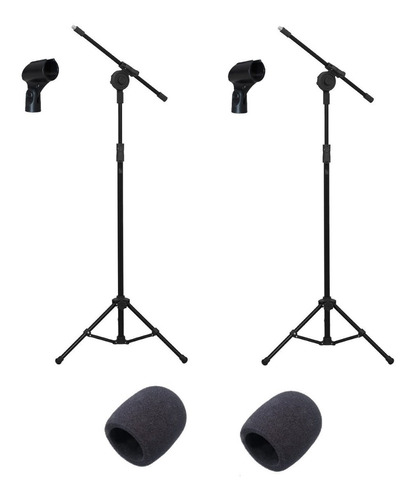 Kit 2 Pedestal P/ Microfone + 2 Cachimbo S/fio + 2 Espumas