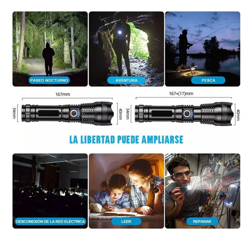 Linterna Táctica Zoom Recargable Usb Pesca Camping Auxilio Blanco Negro