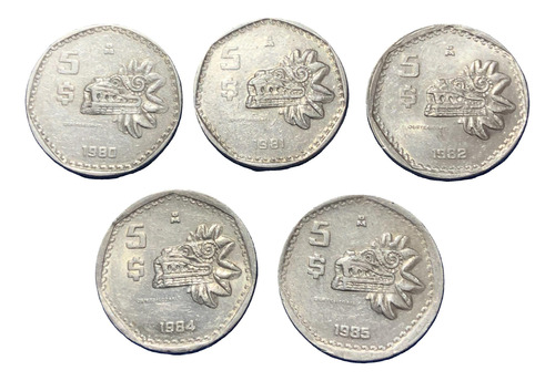 Moneda 5 Pesos Quetzalcoatl 1980, 1981, 1982, 1984 Y 1985. (Usado)