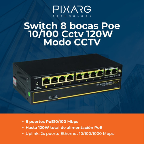 Imagen 2 de 5 de Switch 8 Bocas Poe 10/100 Cctv Cygnus S1008-120-s2 2uplink