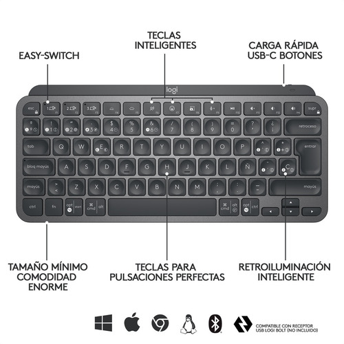 Imagen 5 de 10 de Teclado Avanzado Recargable Logitech Mx Keys Mini - Negro