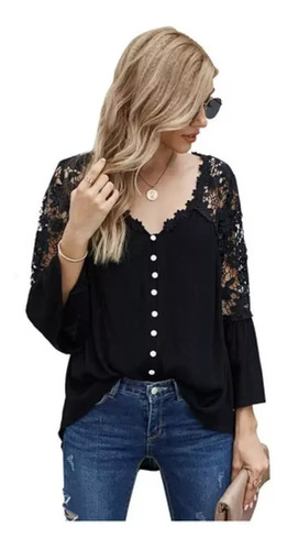 Blusa Mujer Encaje Suelto Cuello V Manga Larga [u]