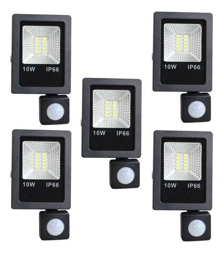 5 Refletor 10w Led Sensor Presença Fotocélula Frio