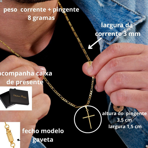 Kit Corrente Colar Masculino Com 70 Cm + Pulseira Modelo 3x1 E Pingente De Crucifixo Liso Cor Dourado Banhando A Ouro 18k E Antialérgico Semi Joia Andreia Branco Acessórios