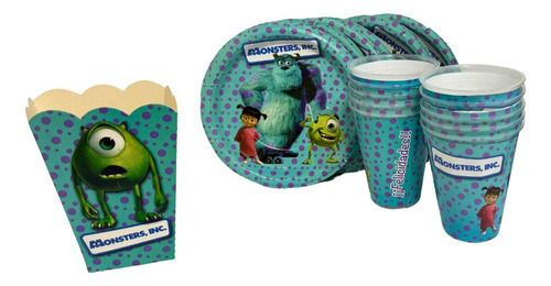 Platos, Vasos Y Palomeros Para 30 Invitados Monster Inc