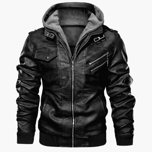 Chaqueta Casual De Cuero Con Capucha Y Cremallera Negra De I