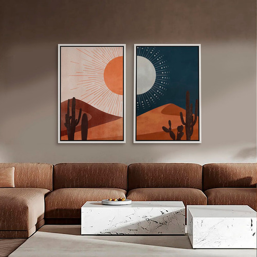 Set X2 Cuadros Decorativos Sol Y Luna 50x70 Con Vidrios