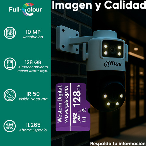 Kit Cronos Cámara De Seguridad Dahua Ip Pt Ipc-wpt1539dd-sw-5e2-pv Wifi Cruiser Dual 10mp Imagen A Color 24/7 Audio Doble Vía Alarma Auto Tracking + Microsd 128gb + Accesorios Cctv Wpt1539d-plus-128
