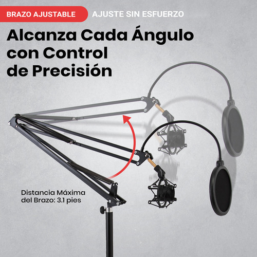 Soporte de Micrófono Pyle de Piso Ajustable con Brazo de Tijera Montaje Antivibración Filtro Anti-pop Adaptador de Rosca de 5/8" Construcción de Metal Duradero