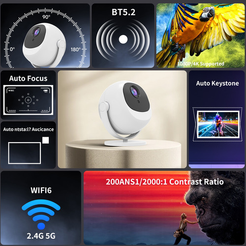 180° Proyector Inteligente Android 11 Con Enfoque Automático