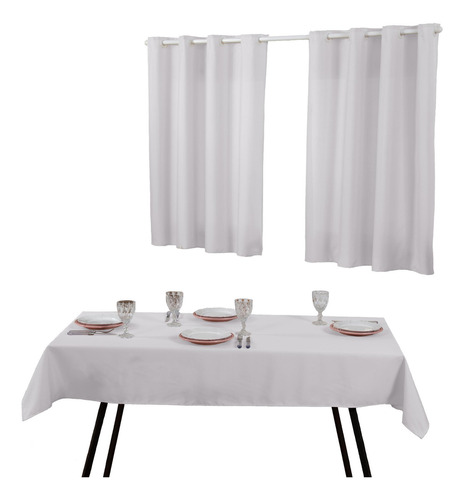 Kit Cortina Para Cozinha E Toalha De Mesa 6 Cadeiras Branco