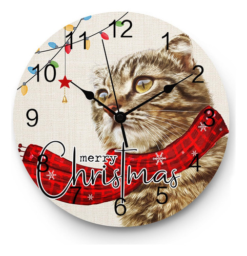 Reloj De Pared Redondo 25 Cm Arte Navideño Gatito Encantador