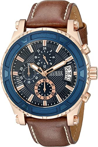 Guess Hombre Piel Café Y Rose Gold-tone Reloj Deportivo