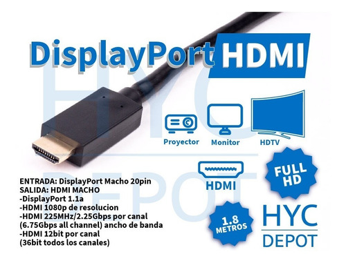Imagen 6 de 9 de Cable Adaptador Displayport A Hdmi Full Hd 1080p 180cm