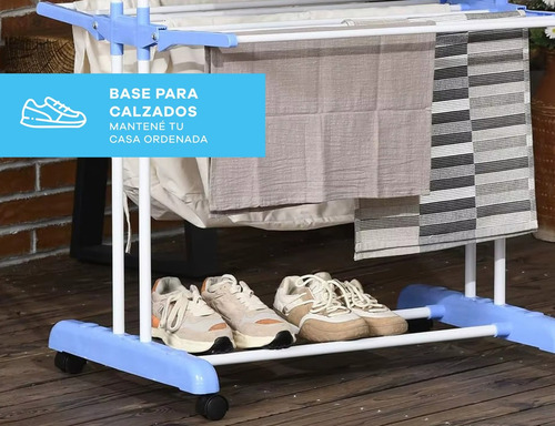 Tender Vertical Para Ropa Con Ruedas Plegable 3 Niveles 40kg Azul Acero