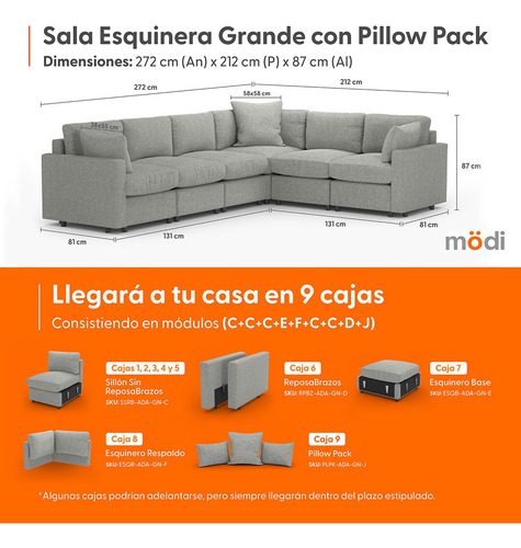 Sala Seccional Modular Esquinera Plus 6 Plazas + Pillow Pack Gris Claro Liso