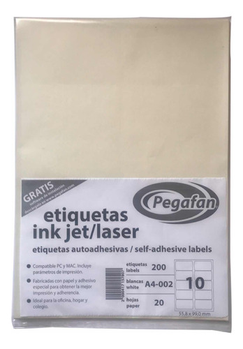 Etiquetas Adhesivas Inkjet A4-002 (55,8x99mm) 200etq 20hjs