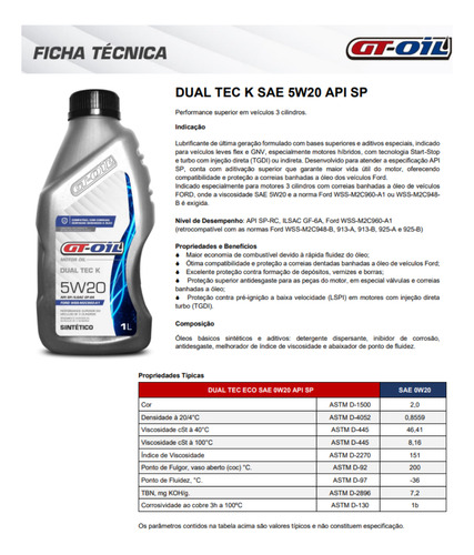 Kit 6 Óleo Motor Sae 5w20 Sp Gf-6a Wss-m2c960-a1 gt oil