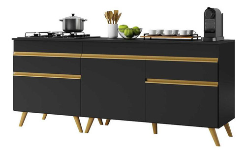 Kit Balcão Cooktop E Gabinete Pia Veneza Multimóveis Mp2160 Cor Preto/Dourado