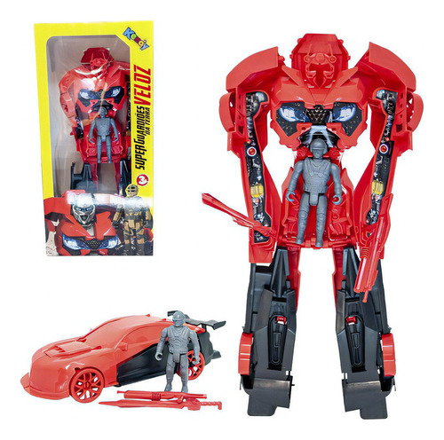 Brinquedo Carro Vermelho Grande Robô Transformer Com Boneco